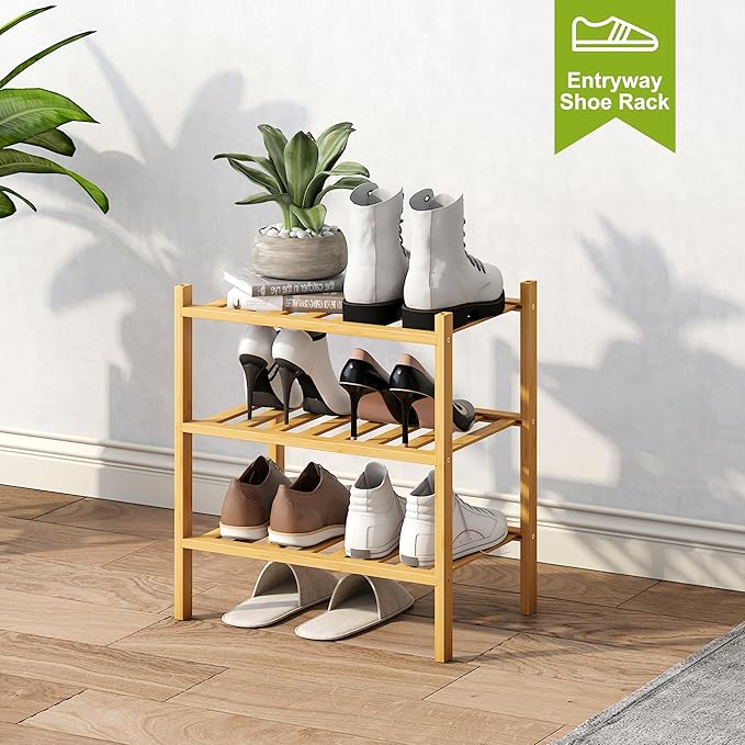 BMOSU 3-Tier Bamboo Small Shoe Rack Premium Stackable Shoe Shelf Storage Organizer for Hallway Closet Living Room Entryway Organizer (Natural Bamboo)-NeatNest