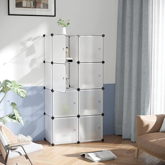 C&AHOME Cube Storage Organizer with Doors, 8-Cube Shelf, Closet Cabinet, DIY Plastic Modular Bookshelf, Storage Shelves Ideal for Bedroom,Living Room,24.8" L × 12.4" W × 48.4" H White USBTM3008B-DOOR-NeatNest