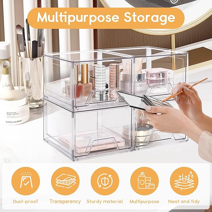 4 Pack Stackable Makeup Organizer,4.4'' Tall Acrylic Bathroom Organizer and Storage Drawers, Clear Plastic Drawer Storage Bins For Vanity, Undersink, Cabinets, Pantry-NeatNest