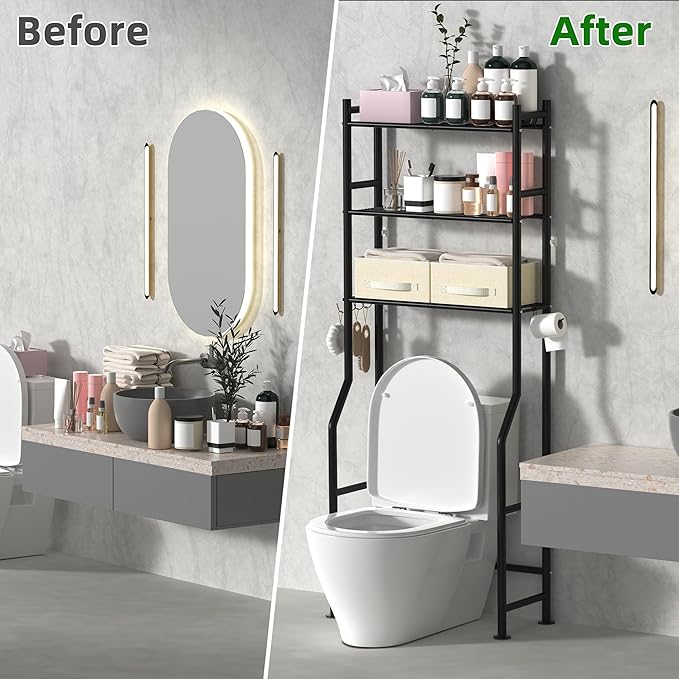 3 Tier Over The Toilet Storage Rack with 2 Basket, Metal Freestanding Bathroom Shelves Toilet with Paper Holder and 4 Hooks, Over Toilet Storage Shelf for Bathroom Storage, Black-NeatNest