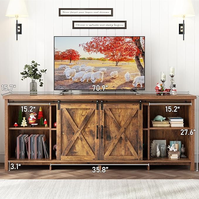 70" Farmhouse TV Stands for 70 75 80inch TV w/Adjustable Shelves,Sliding Barn Door.Wooden Entertainment Center,TV Console Cabinet with Storage for Bedroom Living Room(Brown 70in)-NeatNest