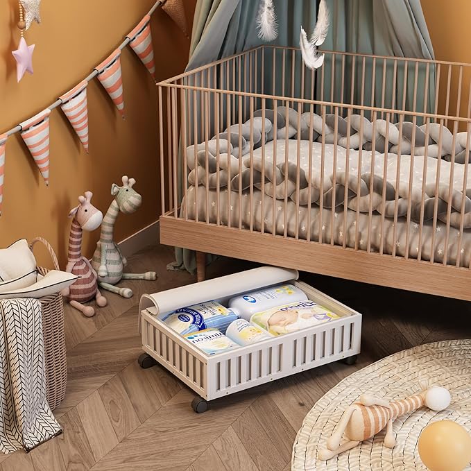 Bamboo Under Bed Storage Containers with Wheels, 2 Pack Under the Bed Shoe Storage Bins, Wood Rolling Underbed Drawers Organizer for Bedroom, Closet, Clothes Blanket Comforter and Under Crib Toy White-NeatNest