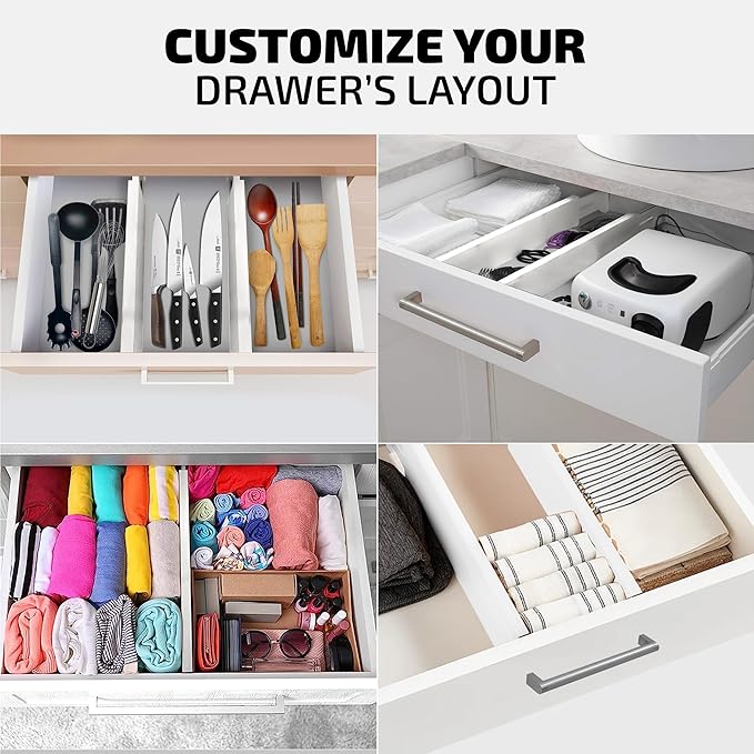 4 Pack Drawer Dividers Bamboo 2.6" High, 12.5"-17" Adjustable Drawer Organizers for Clothes, Expandable Dresser Separators in Bedroom/Bathroom/Kitchen/Office Organization and Storage (White)-NeatNest