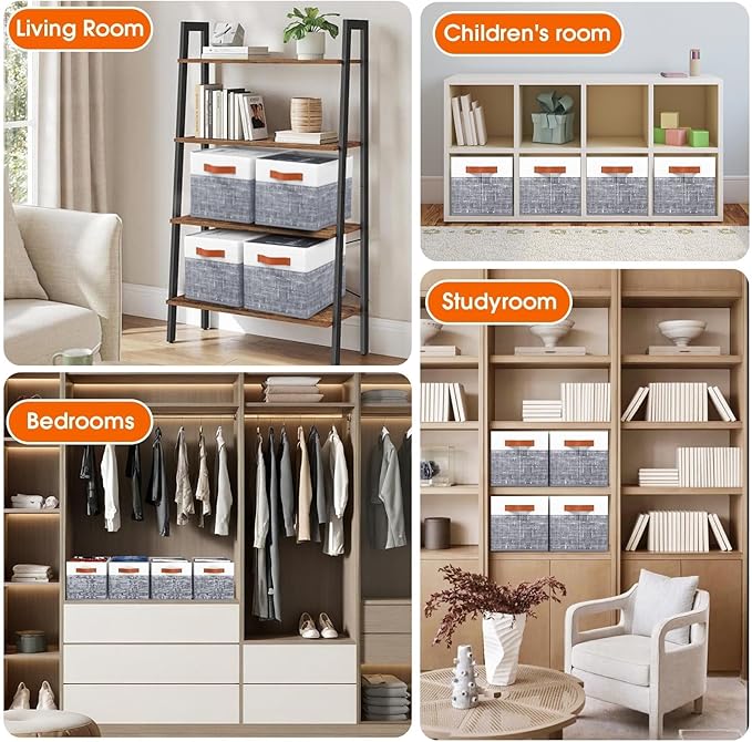 Fab totes Collapsible Storage Baskets for Shelves,14"x10", 4 Pack Foldable Fabric Storage Bins with Double Leather Handles, Large Baskets for Organizing Books, Clothes, White & Grey