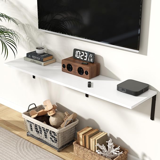 Fun Memories Floating Shelves for Wall, 12 Inch Deep Floating Shelves Set of 2, Wall Mounted Shelf with Metal Brackets, Rustic Wood Wide Shelf for Bathroom, Kitchen and Living Room, White, 55W x 12D-NeatNest