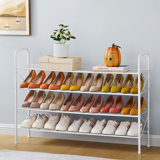 Hoctieon 4 Tier Mesh Style Shoe Rack, Entryway Shoe Shelf, Shoe Storage Organizer, Shoe Rack for Closet, Space Save for Bathroom, Garage, Hallway, Bedroom, Living Room, White-NeatNest