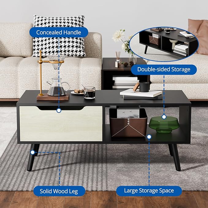 Cozy Castle Modern Coffee Table, Wooden Cocktail Table with Storage, Minimalist Hallway Table, Mid Century Modern Coffee Table for Living Room Apartment Reception, Black-NeatNest