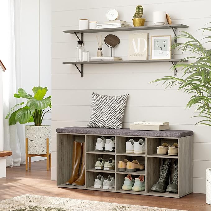 DINZI LVJ Shoe Bench, 12 Cubbies Shoe Organizer for Entryway, Storage Bench with Cushion, Cubby Shoe Rack with Adjustable Shelves for Living Room, Bedroom, Mudroom, Hallway, Gray Wash-NeatNest