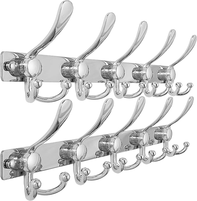Dseap Coat Rack Wall Mount 2.0 Pro: Heavy Duty 300% Thicker, 16" Stud Mount, Stainless Steel Wall Coat Hooks Hanger for Clothes Jackets Hats Entryway Closet, MaxStrong Series, Chromed, Pack of 2