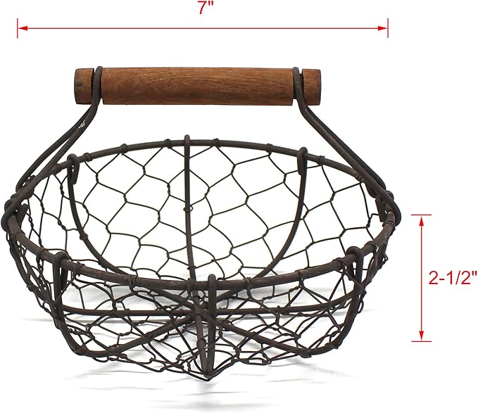 CVHOMEDECO. Chicken Wire Egg Baskets Rust Gathering Baskets with Wooden Handle Country Vintage Style Storage Baskets. Set of 2 (Round)-NeatNest