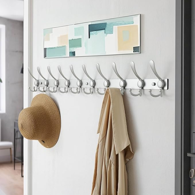 Dseap MaxStrong 2.0 Coat Rack Wall - 37” Long 10 Tri Hooks - Ultra Heavy-Duty Stainless Steel Wall Mount Coat Hanger, Hook Rail for Clothes Hats Jacket Towels Silver