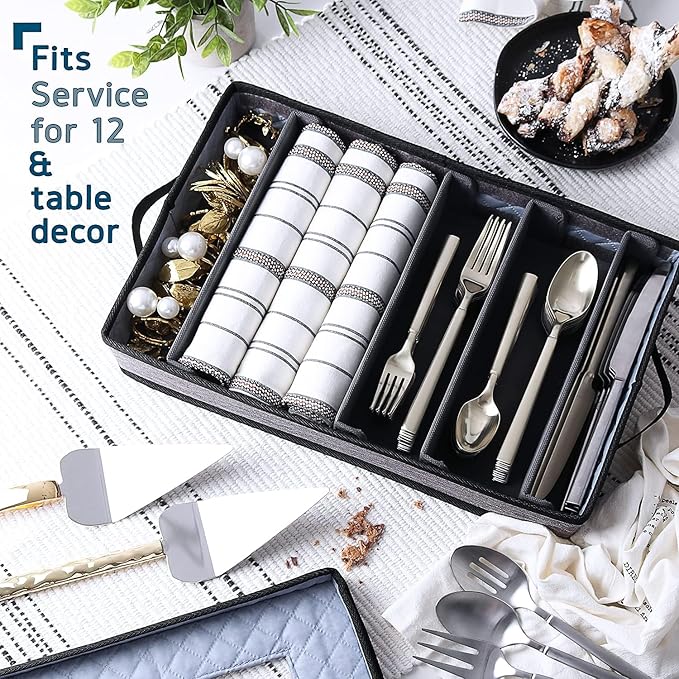 Flatware & Utensil Storage, Durable Silverware Storage Box with Padded Dividers, 5 Compartment Flatware Storage Case, Silverware Case with Handles, Protects and Organizes Cutlery, Grey-NeatNest
