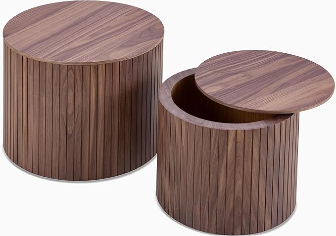 kevinplus Walnut Coffee Table Nesting Tables Set of 2 for Living Room, Modern Circle Drum Wood Small Coffee Table with Storage Contemporary Side Table End Table with Moveable Lid, Walnut