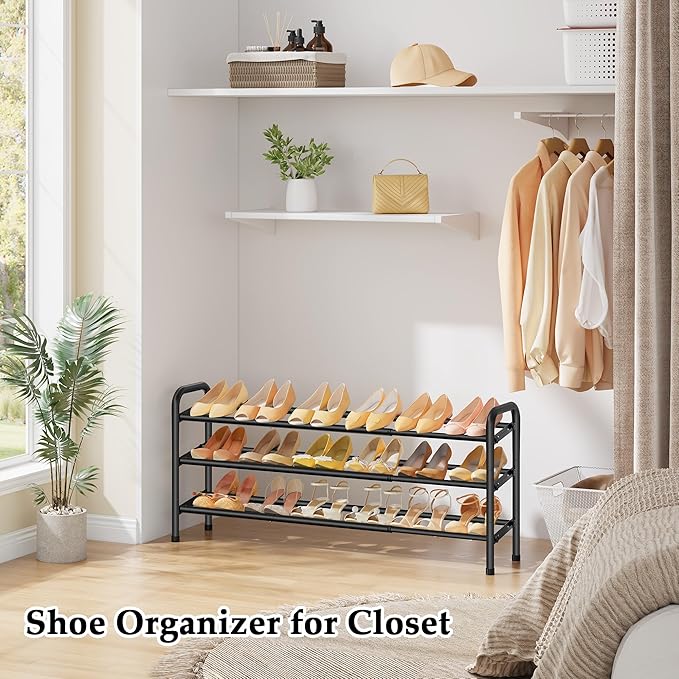 3 Tier Shoe Organizer, Shoe Rack for Closet, 28“ Metal Shelf Can Expandable to 42“, for Bedroom, Entryway, Closet, Garage, Adjustable to 18 Pairs Shoes, Black-NeatNest