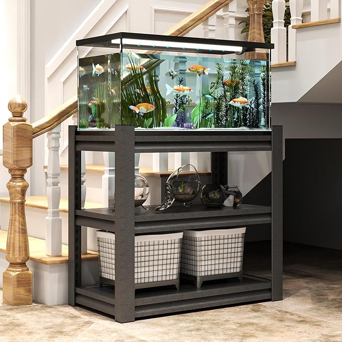 3 Tier Metal Shelving Unit, Aquarium Shelf System, Small Storage Organizer Racks for Basement Garage Laundry Utility Shelving (Black)-NeatNest