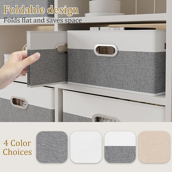 Yawinhe Fabric Storage Baskets, Foldable Closet Organizer for Shelves, Large Boxes with 3 Handles, Canvas Bins for Clothes, White/Grey, 12.99''Lx9.05''Wx7.87''H, 4-Pack-NeatNest