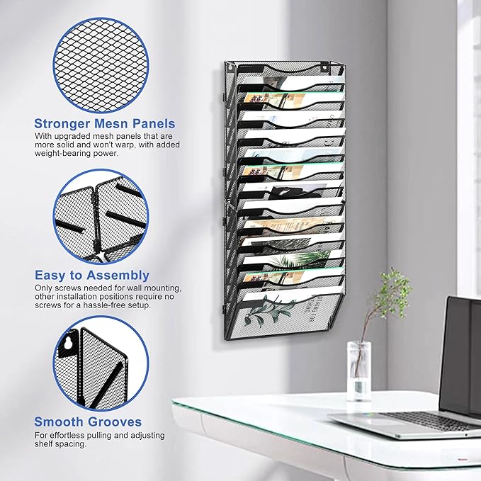 EasyPAG 14 Pocket Wall File Organizer, Black | Metal Mesh Wall Mounted File Holder | Assembly Hanging Mail Organizer | Replaceable Classify Labels | Office Home Letter Size Paper Storage