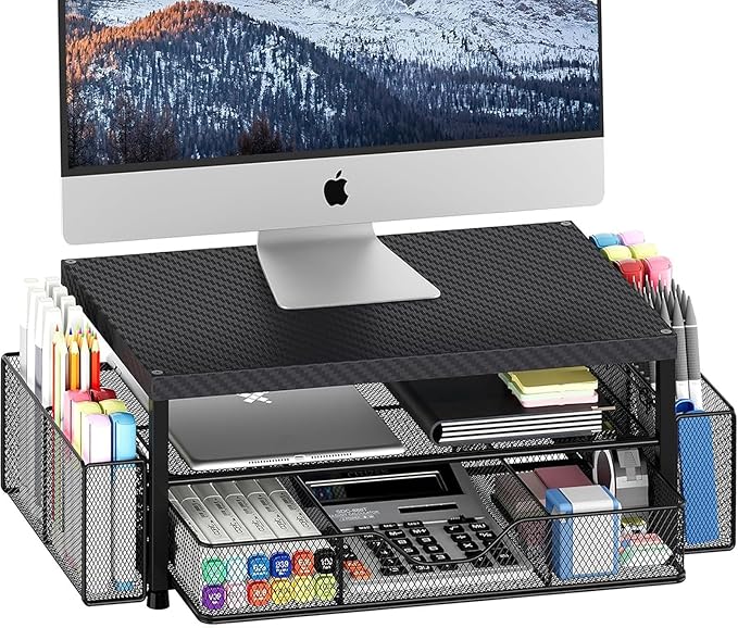 Desk Organizers and Accessories, 2-Tier Computer Monitor Stand Riser with Drawer and 2 Pen Holders, Laptop Stand, Office Desk Accessories for Office Supplies, Carbon Fiber