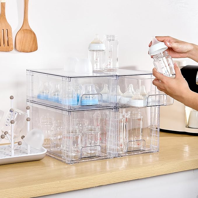Vtopmart 6 Pack Clear Stackable Storage Drawers,Easy to Assemble Bathroom Organizers and Storage with handles,Plastic Drawers for Kitchen Pantry,Cabinet,Under Sink Organization-NeatNest