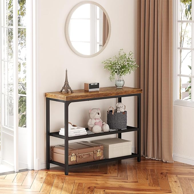 32" Small Console Table, 3-Tier Entryway Table, Sofa Table with Mesh Shelves, Console Tables for Living Room, Bedroom, Hallway, Entryway, Foyer, Rustic Brown-NeatNest