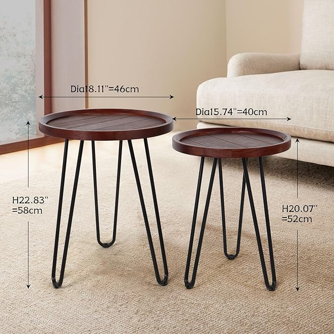Oakrain Walnut Nesting Tables, Set of 2 - Small Round Farmhouse End Tables, Coffee Table, Hallyway