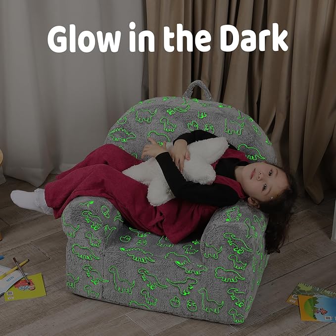 Dinosaur Glow in The Dark Kids Sofa with Star Throw Pillow, High Back Toddler Chair Glow in The Dark for Boys and Girls, Grey-NeatNest