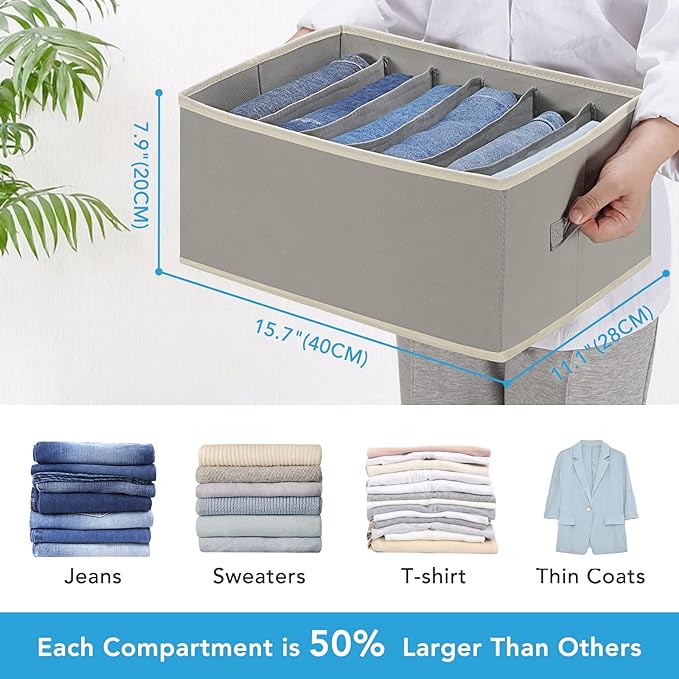 3 Pcs Large Size Wardrobe Clothes Organizers 6 Grids for Pants, Jeans, Sweater, T-shirt, Thin Coat, Dress Stackable Closet Drawer Organizer Storage Bin Container with Sturdy Handles, Grey-NeatNest
