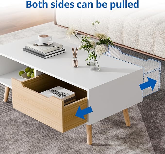 Cozy Castle Modern Coffee Table, Wooden Cocktail Table with Storage, Minimalist Hallway Table, Mid Century Modern Coffee Table for Living Room Apartment Reception, White-NeatNest