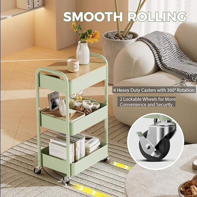 3 Tier Rolling Cart with Table top, Metal Rolling Utility Cart, Sturdy Storage Organizer Cart with Locking Wheels & Hooks for Office, Classroom, Kitchen and Bathroom-NeatNest