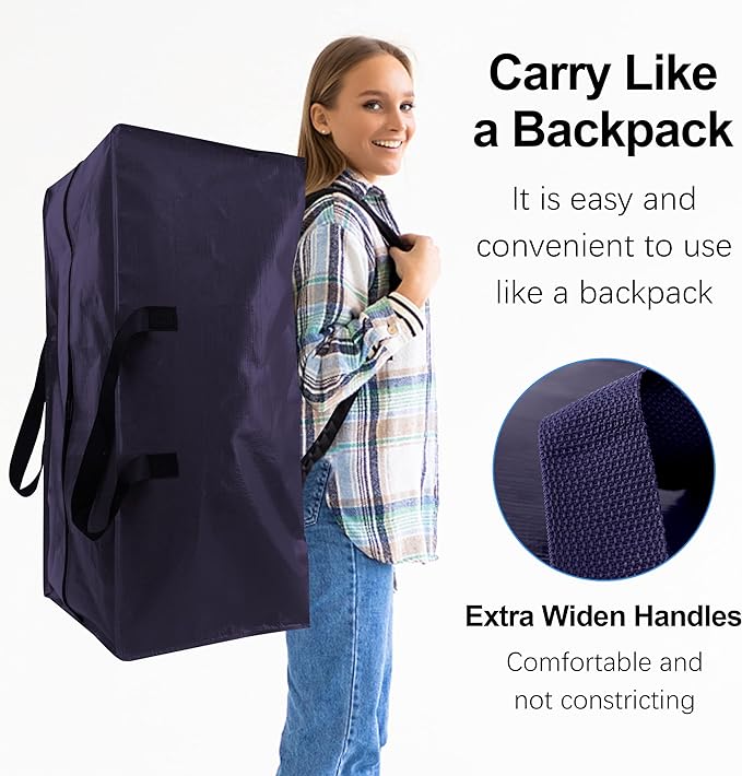 Heavy Duty Extra Large Moving Bags W/Backpack Straps - Strong Handles & Zippers, Storage Totes For Space Saving, Fold Flat, Alternative to Moving Box and Storage Bin (Set of 6, Blue)
