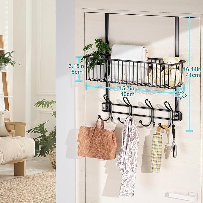 Over The Door Hooks Organizer,Door Hanger Door Storage with Basket,Over The Door Towel Rack Coat Hooks with 12 Hooks,for Bathroom,Bedroom,Kitchen,Office,Apartment(Black)