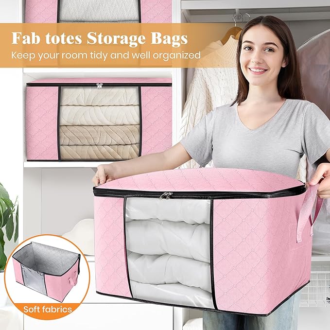 Fab totes 3 Pack Clothes Storage, Foldable Thick Fabric Blanket Storage Bags, Containers for Organizing Bedroom, Closet, Clothing, Comforter,Organization with Handle,Pink-NeatNest