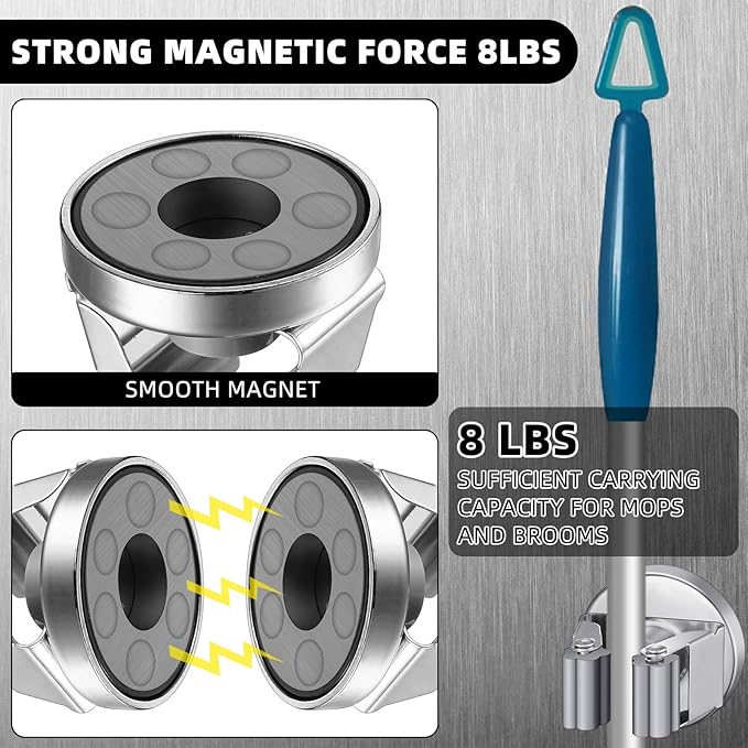 4 Pcs Magnetic Mop Broom Holder Movable Magnetic Broom Holder Rack, Anti Slip Wall Mounted Utility for Cleaning Tools, Garage, Kitchen, Laundry, Garden (Silver)