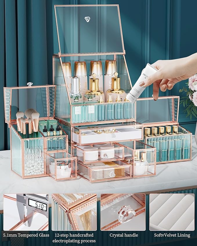 Large Makeup Organizer, Glass Cosmetic Storage with Drawers, Stackable Makeup and Jewelry Organizer for Vanity Table, Bathroom Countertop, Skincare, Lipsticks, Perfume, Brushes