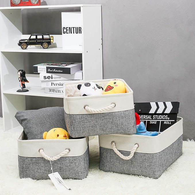 Fabric Storage Basket Set of 3, Foldable Linen Storage Box for Nursery and Home, Collapsible Canvas Shelf Basket for Wardrobe or Bedroom, Grey and White