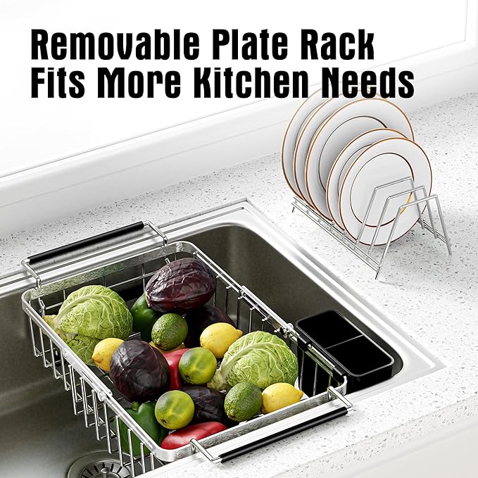 Expandable Dish Drying Rack in Sink,Stainless Steel Over The Sink Dish Drainer Drying Rack for Kitchen Counter,with Utensil Holder,Silver