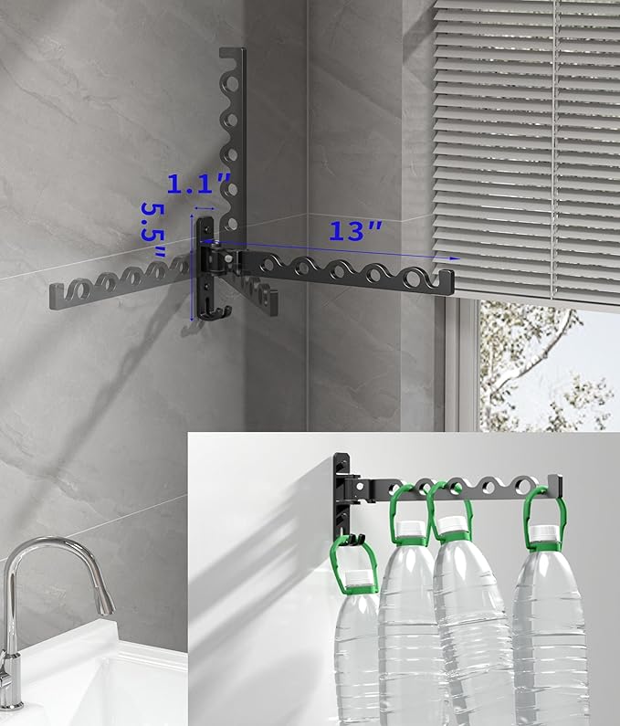 Dr.DJ Wall Hanger for Clothes, Coat Hanger Wall Mounted Silver Retractable Clothes Drying Organizer Rack Garment Hooks Aluminium Folding Indoor Space Save (2 Racks) Silver-NeatNest