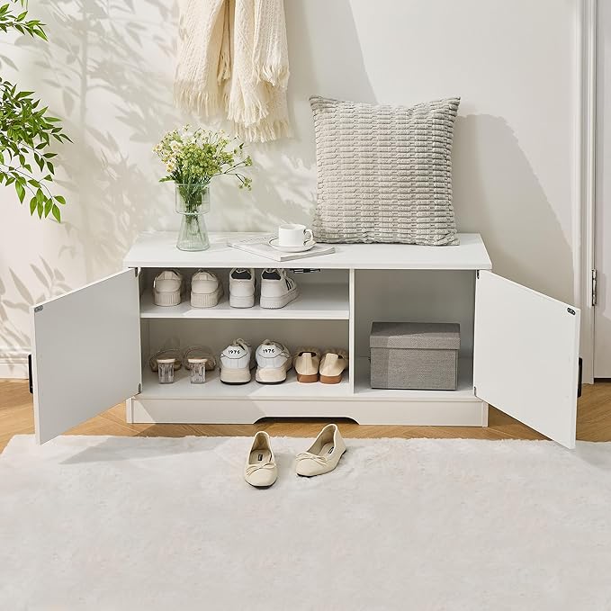 Shoe Bench, Entryway Storage Bench with 2 Doors, Shoe Rack Adjustable Shelves, Shoe Cabinet with Storage, 31.5" W x 13.8" D x 18.1" H for Entryway, Living Room, Hallway, Mudroom, Bedroom, White
