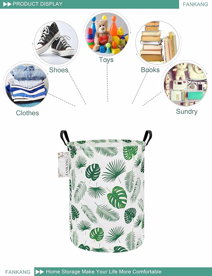 FANKANG Storage Basket, Nursery Hamper Canvas Laundry Basket Foldable with Waterproof PE Coating Large Storage Baskets for Kids Boys and Girls, Office, Bedroom, Clothes,Toys(Leaf)