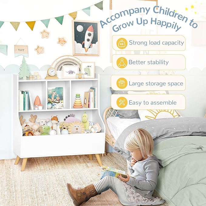 Curipeer Kids Bookshelf and Toy Storage, 3-Tier Wooden Open Bookcase, Baby Book and Toy Storage Display Organizer with Spacious Top Shelf for Children, Family, White(Large Size)-NeatNest
