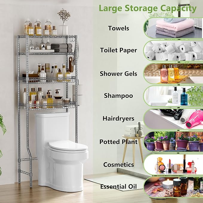 Bathroom Shelves Organizer, 4 Tier Over The Toilet Storage with Adjustable Basket and 6 Hooks, Metal Over Toilet Storage Rack for Bathroom, Fit Most Toilets, Easy to Assemble, Grey