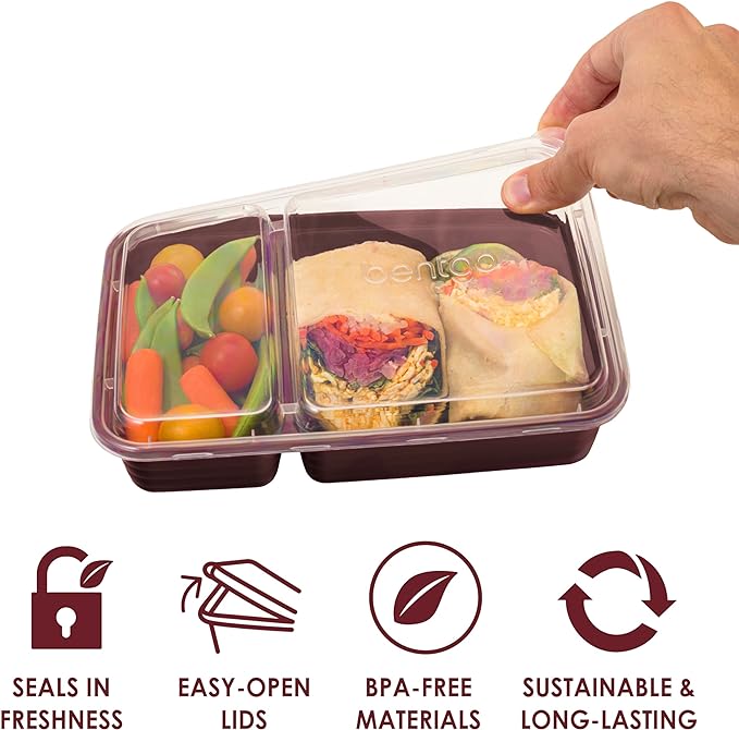 Bentgo 20-Piece Lightweight, Durable, Reusable BPA-Free 2-Compartment Containers - Microwave, Freezer, Dishwasher Safe - Burgundy-NeatNest