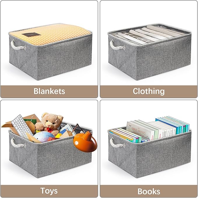 Fabric Storage Bins, 3 Pack Foldable Cube Baskets with Rope Handles, Large Collapsible Storage Cubes for Home, Office, Closet, Clothes, Books Organizer. (Gray, 3PCS/14*10.2*6.3inch)-NeatNest