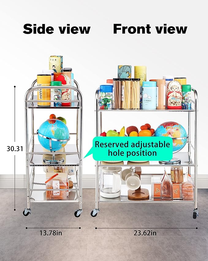 Susunnus Stainless Steel Cart With Wheels - 3 Tier Kitchen Utility Cart, Metal, Movable, Suitable for Various Occasions - Gift Tools