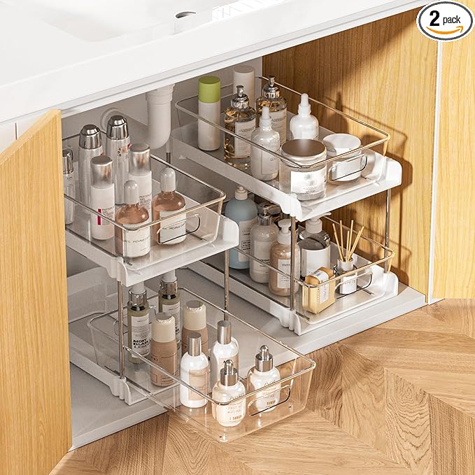 Vtopmart 2 Pack Bathroom Organizer, 2 Tier White Under Sink Organizers Vanity Countertop Storage Container,Cabinet Drawers Bins, Pull-Out Organization with Track for Pantry, Kitchen-NeatNest