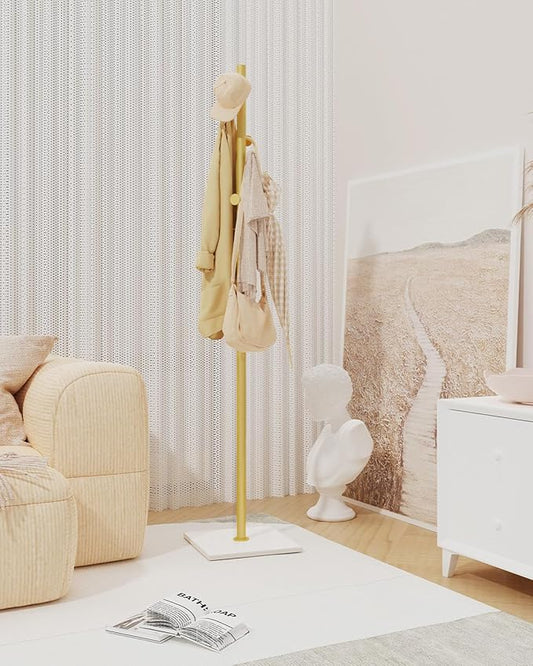 Coat Rack Freestanding, Small Standing Coat Tree with Heavy Rock Slab Base, Modern Metal Coat Hanger Stand with 8 Hooks, Garment Rack, 11.8 x 11.8 x 68.9 In, Gold, GYJ002WJ-NeatNest