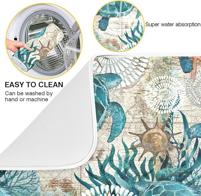 Absorbent Dish Drying Mat for Kitchen Counter - Watercolor Lake Bottom Microfiber Drying Pad, Reversible Drainer Mats for Countertop, Small 16 x 18 inch