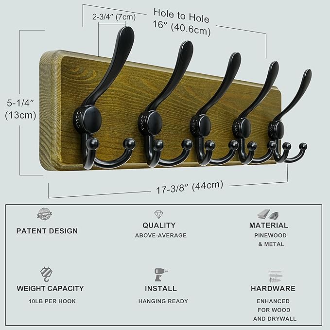 Dseap Wall Mount Coat Hanger - Heavy-Duty Robust Barnwood-Style Wooden Hook Rail with 5 Triple Hooks for Winter Coats, Hats, Jackets, Weathered Green & Black