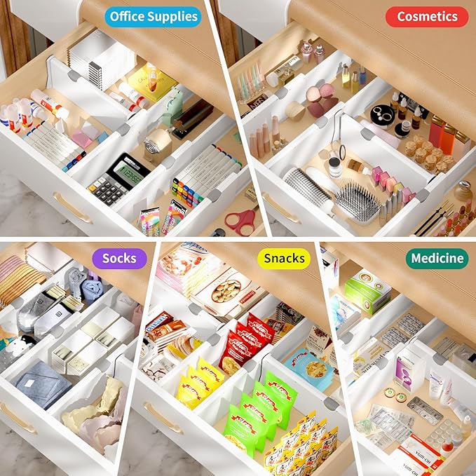 Drawer Dividers Organizer 8 Pack, Adjustable Separators 4" High Expandable from 11-17" for Bedroom, Bathroom, Closet, Clothing, Office, Kitchen (White, 8 PACK)-NeatNest