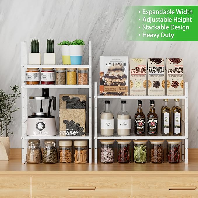 Expandable Cabinet Storage Shelf Stackable Organizer Rack for Kitchen Bathroom Pantry Spice Cupboard Coffee Countertop Home Office Desk Heavy Duty Nonslip White Small 1 Pack-NeatNest